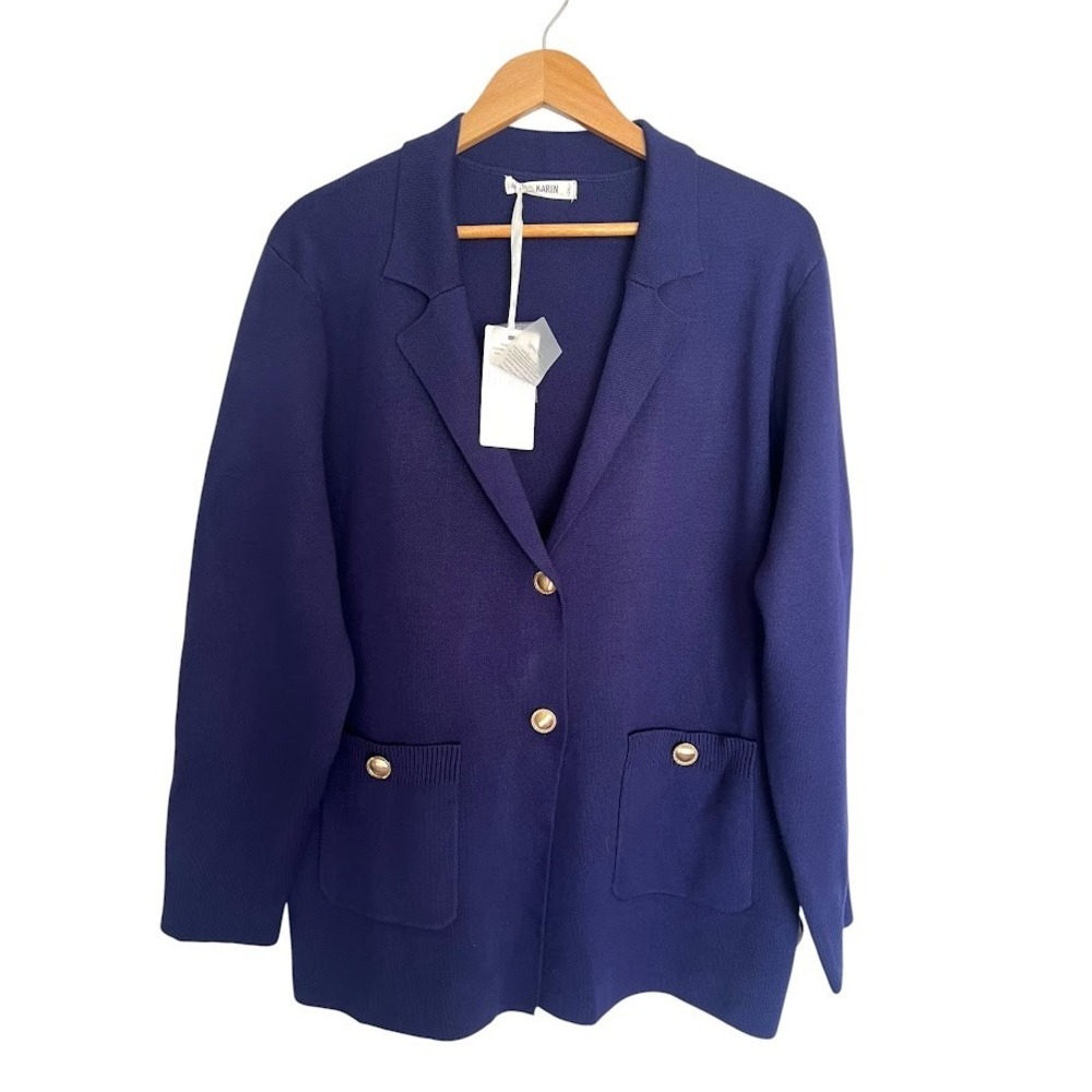 Grace Karin Womens 2XL Knit Blazer Cardigan Navy Blue Gold Button NWT